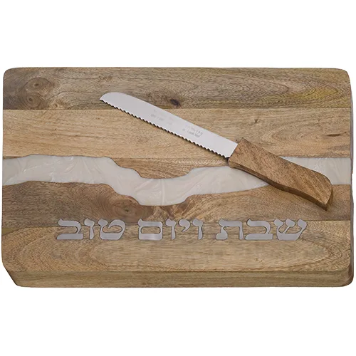 מגש חלה עץ מנגו טבעי עם אפוקסי + סכין 41X27 ס"מ, UK40751, ארט יודאיקה