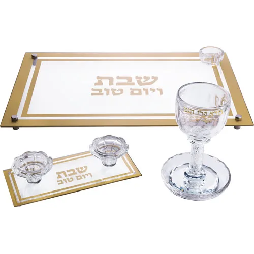 סט גביע קידוש + פמוטים + מגש חלה מקריסטל, UK81179, ארט יודאיקה