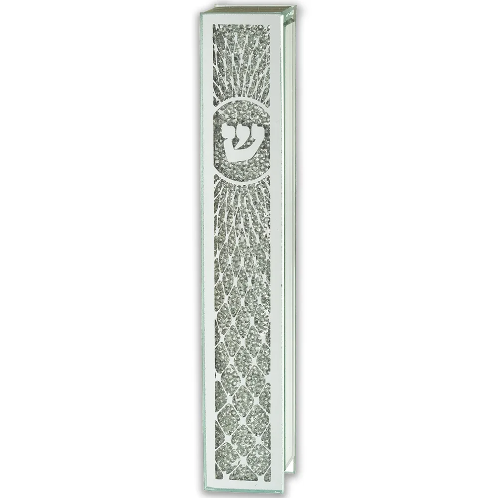מזוזה זכוכית מהודרת עם מראה ואבנים 12 ס"מ, UK24411, ארט יודאיקה