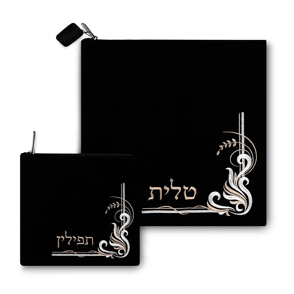 סט טלית תפילין קטיפה כחול כהה עם ריקמה 35.6X35.6 ס"מ, UK60451, ארט יודאיקה