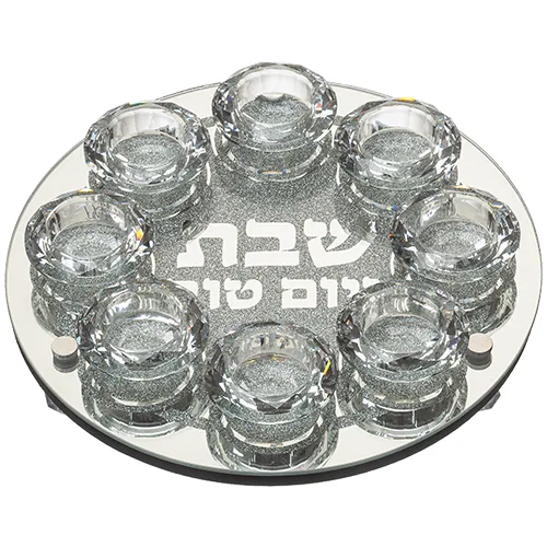 פמוט זכוכית עם 8 פמוטי קריסטל מהודרים 27 ס"מ, UK42974, ארט יודאיקה