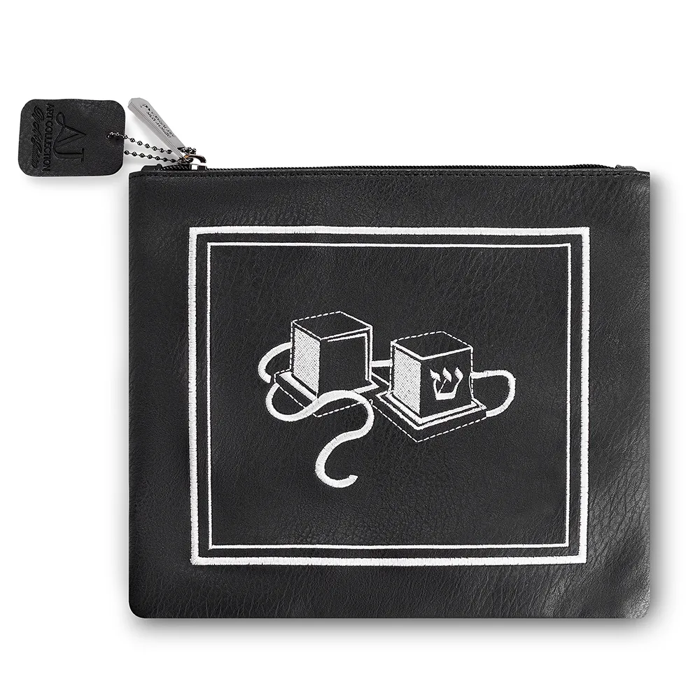 תיק תפילין דמוי עור שחור עם ריקמה 21x23 ס"מ, UK61211, ארט יודאיקה