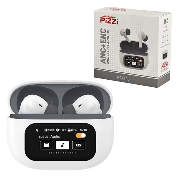 אוזניות איכותיות EarBuds F11 PiZZi אלחוטיות Bluetooth עם מסך טאץ´ ותצוגה בעברית ובית טעינה קומפקטי, PZ 5230 זיאוס