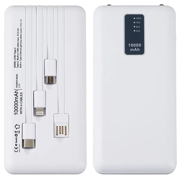 פאוור בנק סוללת גיבוי 10,000mAh הכולל 4 כבלים נשלפים 2 פנסי לד וצג דיגיטלי, 4793 זיאוס