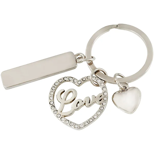 מחזיק מפתחות מתכתי משובץ באבנים "LOVE" עם לוחית מלבנית למיתוג, 2981 זיאוס