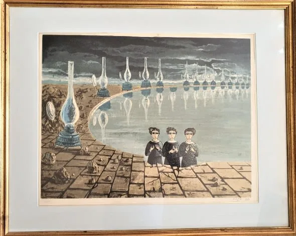 שלוש נשים על שפת אגם.ליטוגרפיה מרשימה חתומה ביד האומן יוֹסְל בֶּרגנֶר