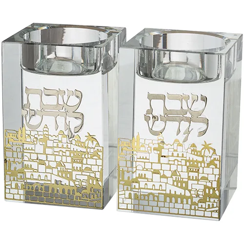 זוג פמוטי קריסטל עם פלקטה "נוף ירושלים" 8 ס"מ, UK42621, ארט יודאיקה