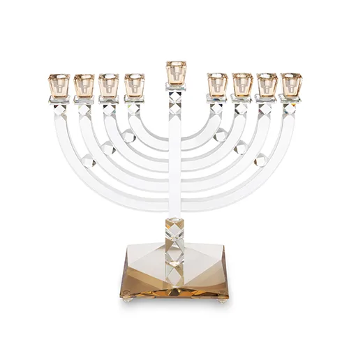 חנוכייה קריסטל שקוף קנים זהב עם בסיס זהב מרובע עם, UK82035, ארט יודאיקה