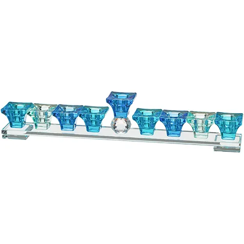 חנוכייה קריסטל מהודרת גווני כחול 38X7 ס"מ, UK80478, ארט יודאיקה