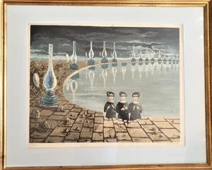 שלוש נשים על שפת אגם.ליטוגרפיה מרשימה חתומה ביד האומן יוֹסְל בֶּרגנֶר