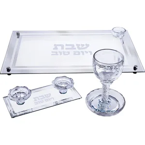 סט גביע קידוש + פמוטים + מגש חלה מקריסטל, UK81177, ארט יודאיקה