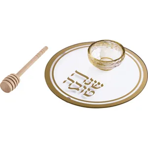 צלחת זכוכית לדבש עם הדפסה זהב 19 ס"מ, UK81532, ארט יודאיקה