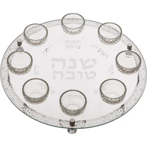צלחת עגולה מהודרת לראש השנה מזכוכית וקריסטל 40 ס"מ, UK41664, ארט יודאיקה