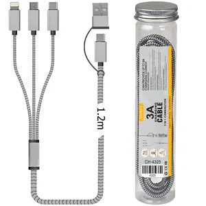 כבל טעינה מהיר במיוחד 3A משולב 5 ב-1 תואם Type-C/iPhone/Android Micro בטיוב מבית Charge-it, 4325 זיאוס
