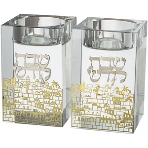 זוג פמוטי קריסטל עם פלקטה "נוף ירושלים" 8 ס"מ, UK42621, ארט יודאיקה