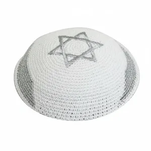 כיפה סרוגה 16 ס"מ עם רקמה כסף דגל ישראל, UK16673, ארט יודאיקה