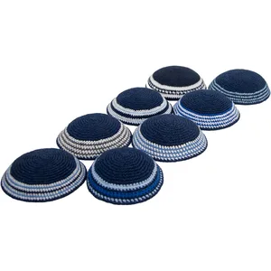כיפה סרוגה דגמים מעורבים - רקע כחול - 18 ס"מ - 24 יח, UK11235, ארט יודאיקה