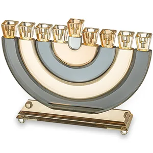 חנוכיה קריסטל גוף פסים חצי עיגול שחור זהב 21, UK82036, ארט יודאיקה