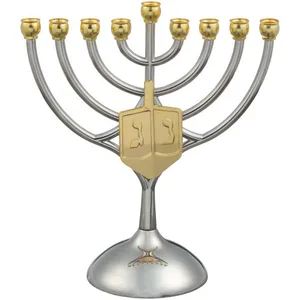 חנוכייה מתכת קנים זהב עם סביבון 18X16 ס"מ, UK46541, ארט יודאיקה