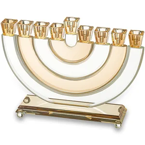 חנוכייה קריסטל גוף פסים חצי עיגול שקוף זהב 21 ס"מ, UK80335, ארט יודאיקה