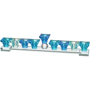 חנוכייה קריסטל מהודרת גווני כחול 38X7 ס"מ, UK80478, ארט יודאיקה