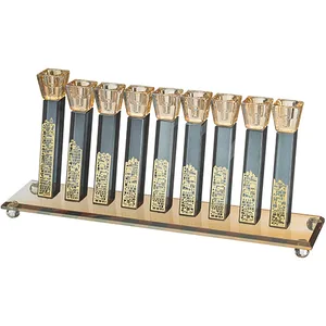 חנוכייה קריסטל שחור זהב 15X36 ס"מ, UK80450, ארט יודאיקה